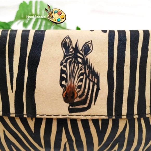 HAND PAINTED Zebra Animal Print Wallet Genuine Leather Tan Brown Black Bills Zip - Picture 4 of 11
